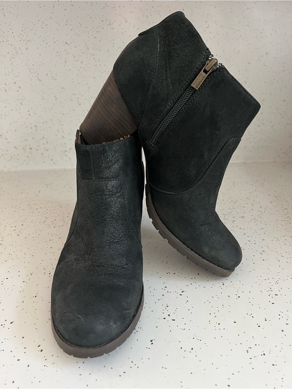 Clarks Black Suede Wedge Ankle Booties with Side Zip